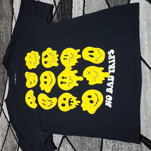 POPULAR POISON NO BAD TRIPS SMILEY DRIP GRAPHIC BLACK CREW-NECK TEE-SHIRT LARGE - Picture 5 of 11